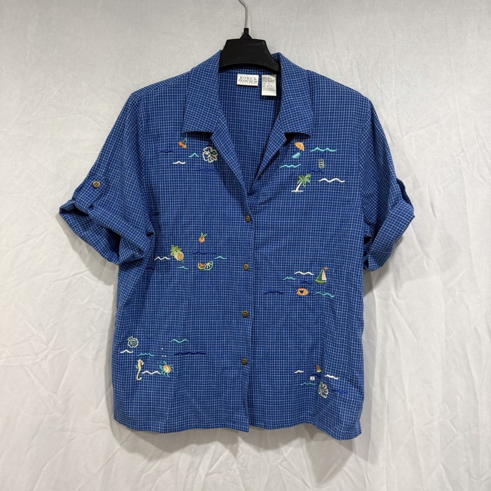 koret francisca Women's Short Sleeve Button Short Blue Tropical Embroidery L